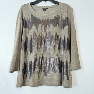 Lafayette 148 New York Women's Sequin Shirt Top 3/4 Sleeve Gray SZ Medium